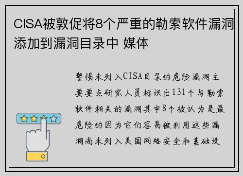 CISA被敦促将8个严重的勒索软件漏洞添加到漏洞目录中 媒体